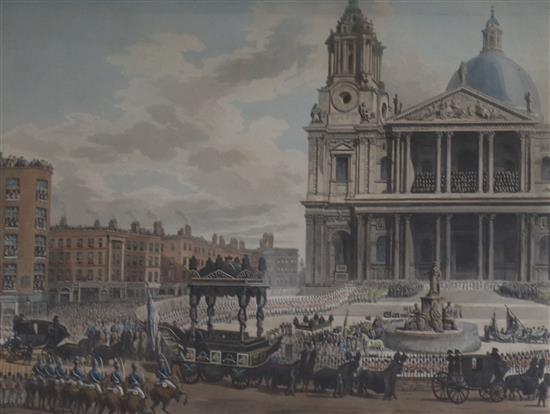 Merigot After Pugin, coloured aquatint, Funeral Procession of the late Lord Viscount Nelson 1806, 39 x 46cm